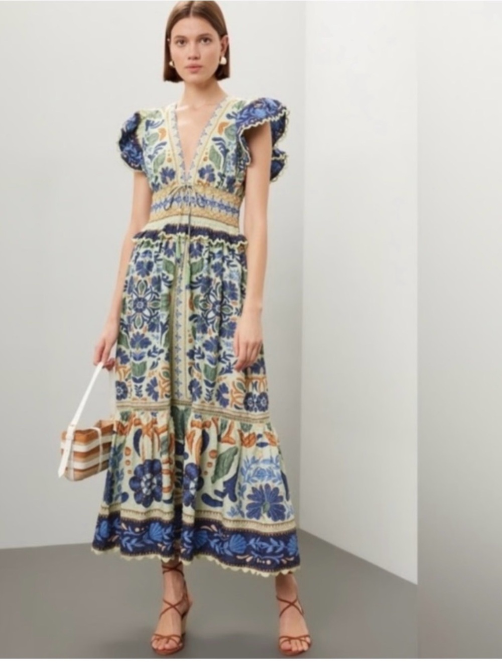 Farm Rio Tapestry Maxi Dress with Puff Sleeves - Blue & Green Ocean